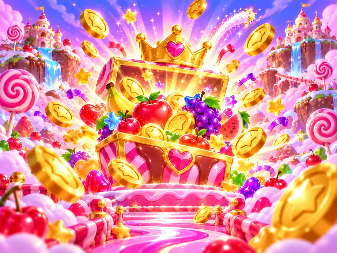Big candy celebration with fruit and golden coins