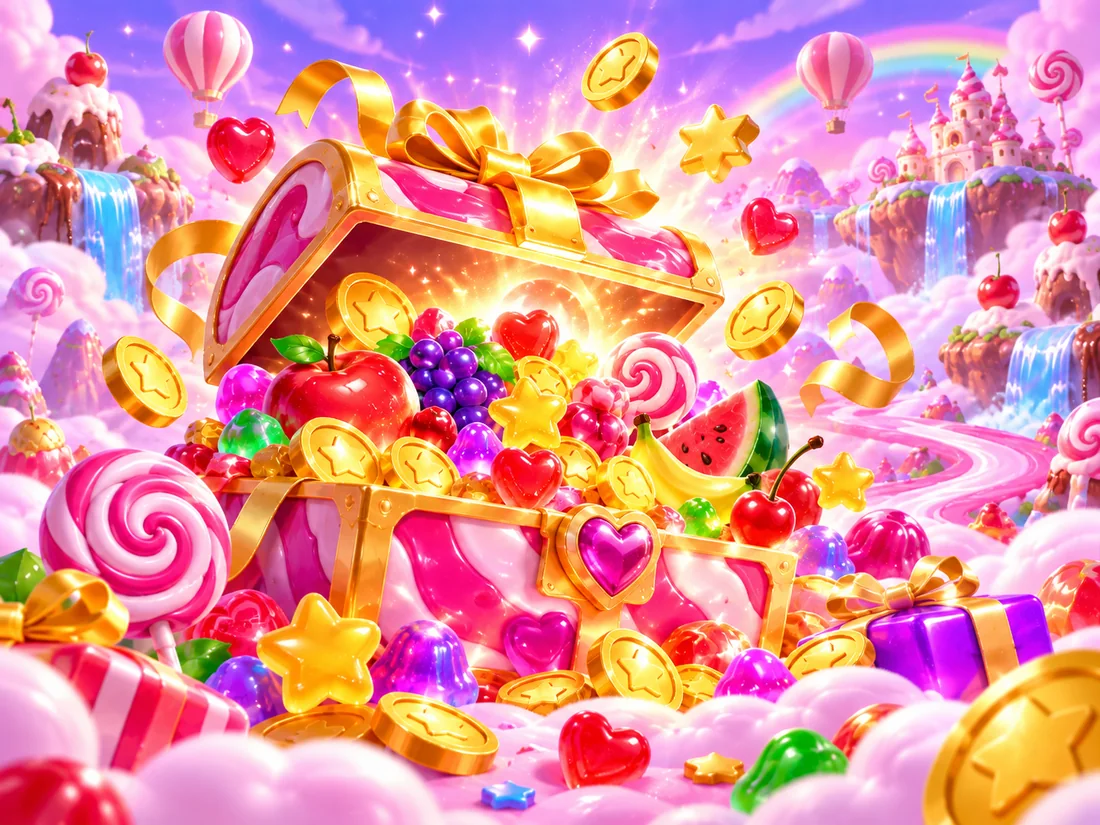 Candy treasure chest overflowing with fruit, sweets and golden coins