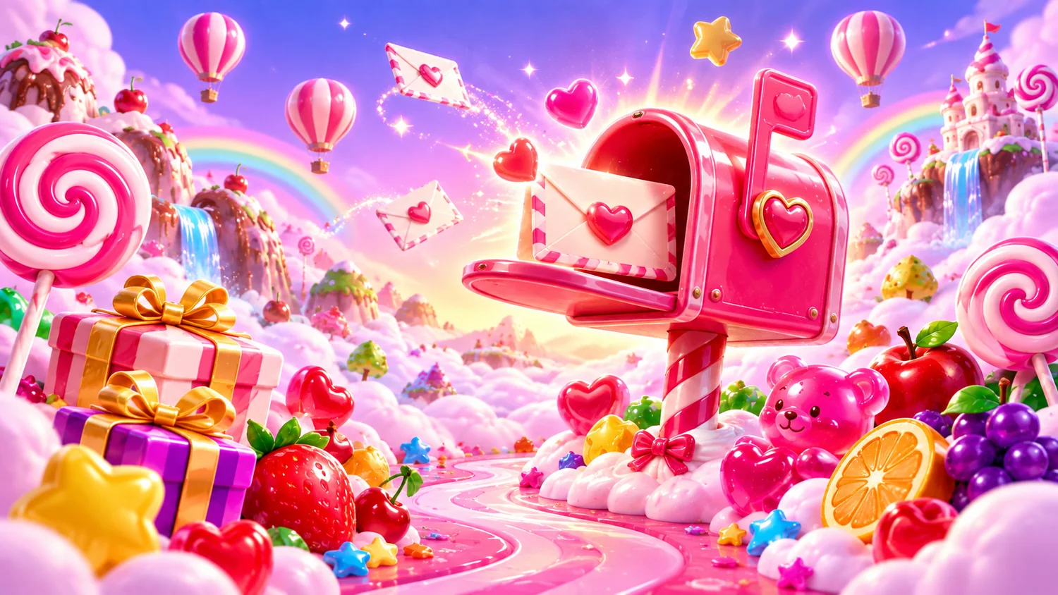 Candyland mailbox with envelopes and sweet gifts