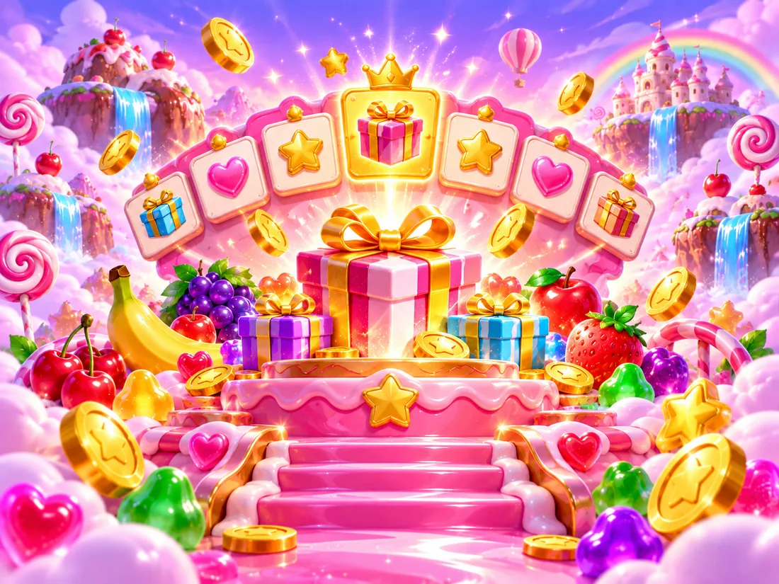 Candy reward stage with colorful gifts and daily bonus icons