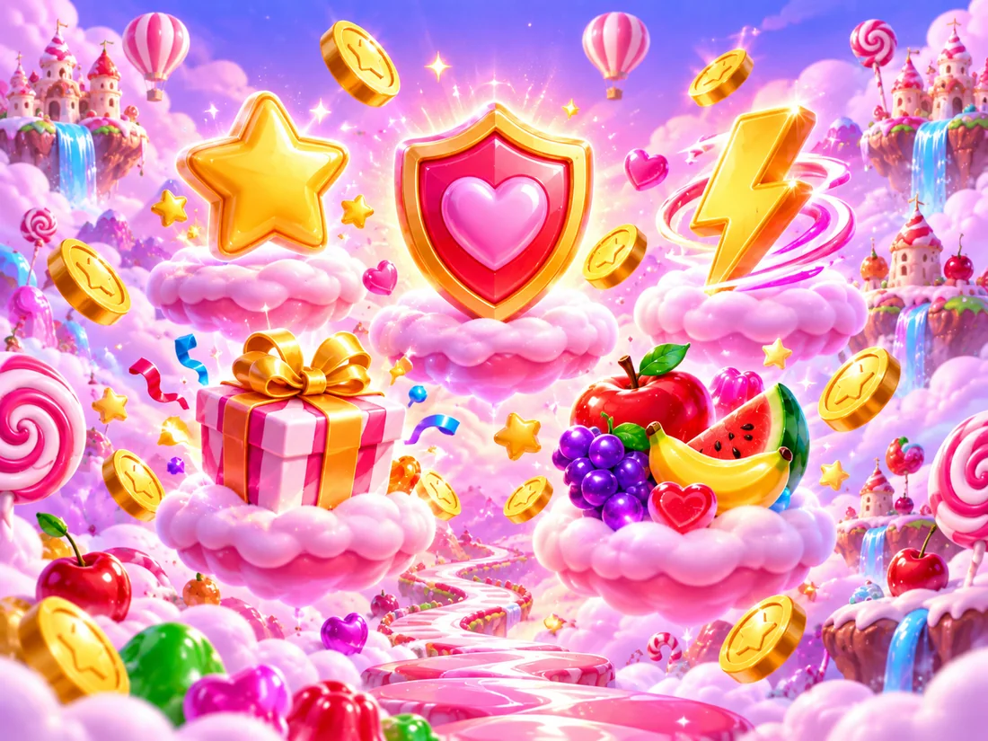 Candy feature icons representing stars, safety, speed and rewards