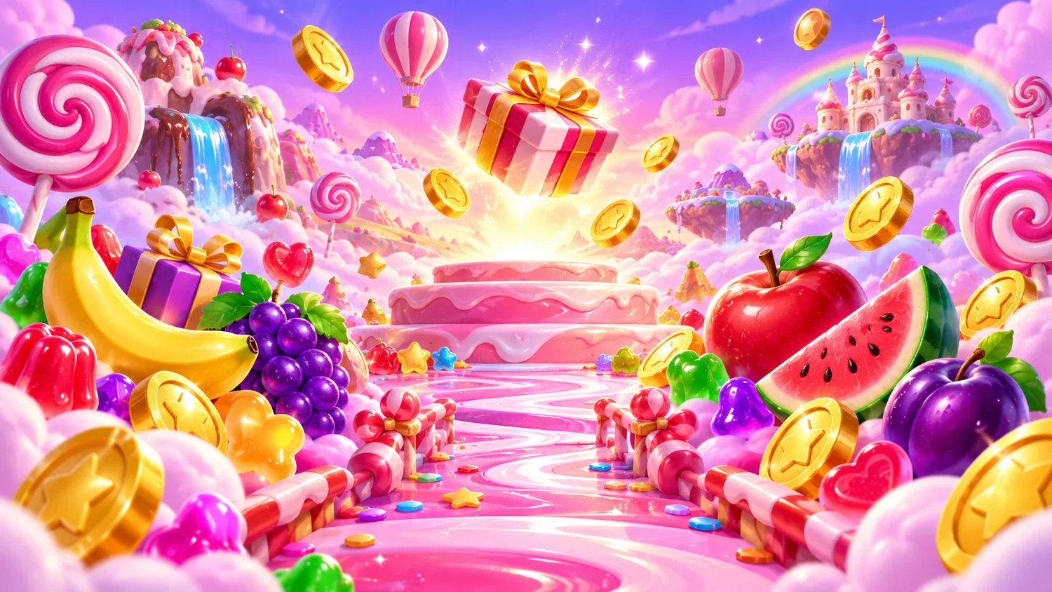 Colorful candy fantasy world with fruit, gifts and golden rewards
