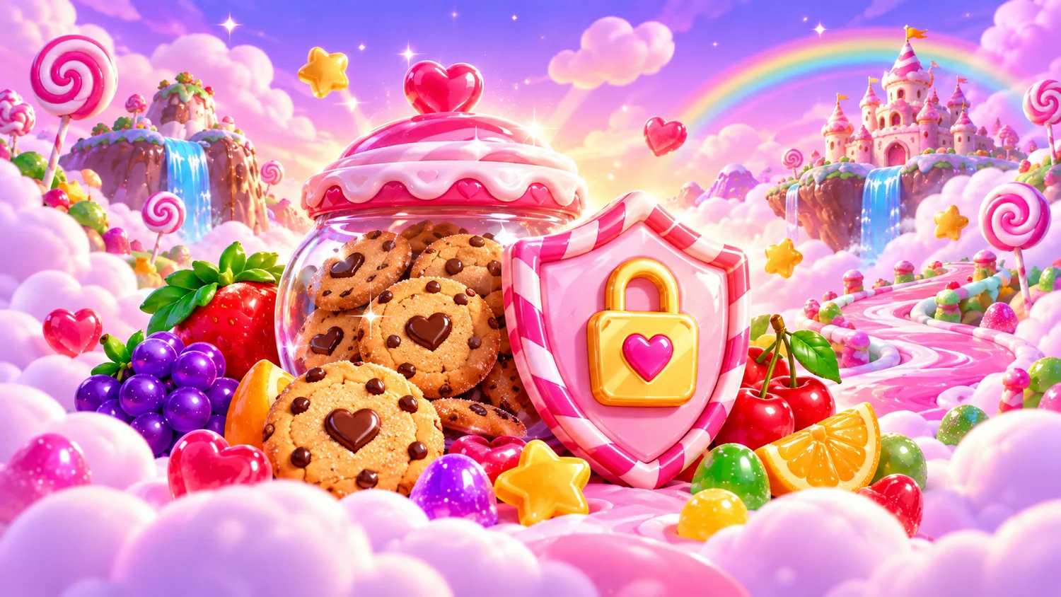 Candy security scene with cookies, shield and lock